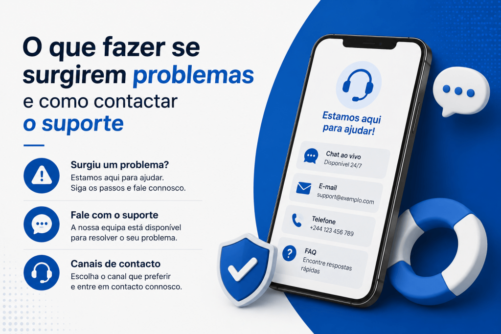 Banner de suporte em PT: dicas de contato (Chat ao vivo, E-mail, Telefone, FAQ) com smartphone exibindo opções de contato.