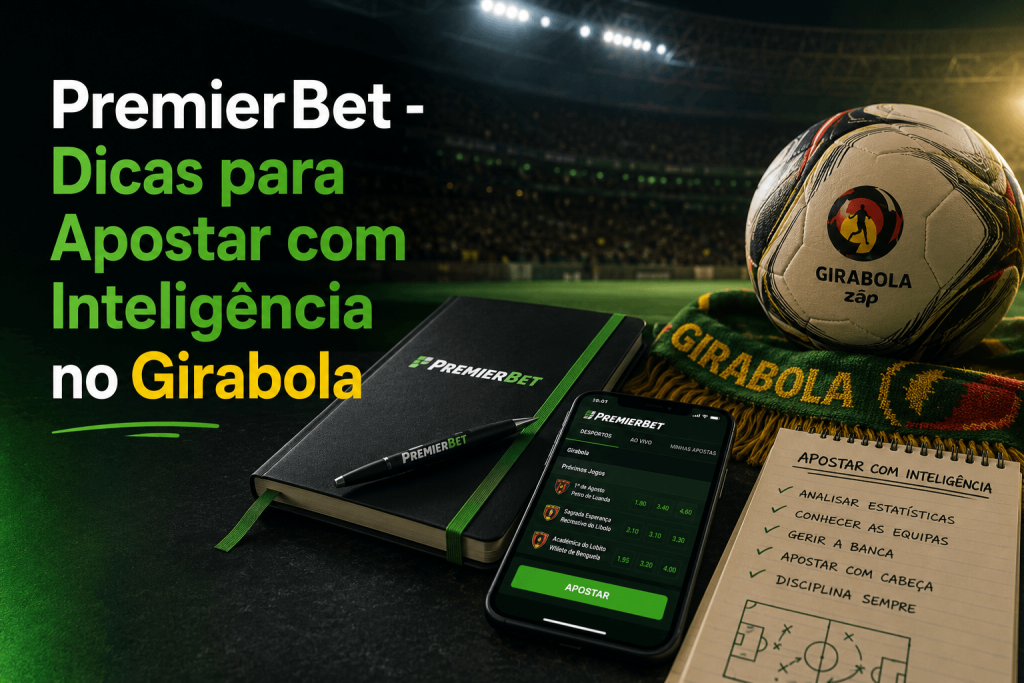 Promo banner for Premier Bet with Portuguese text about tips to bet intelligently on Girabola; shows a notebook, pen, smartphone odds app, soccer ball, and scarf in green-black stadium setting.