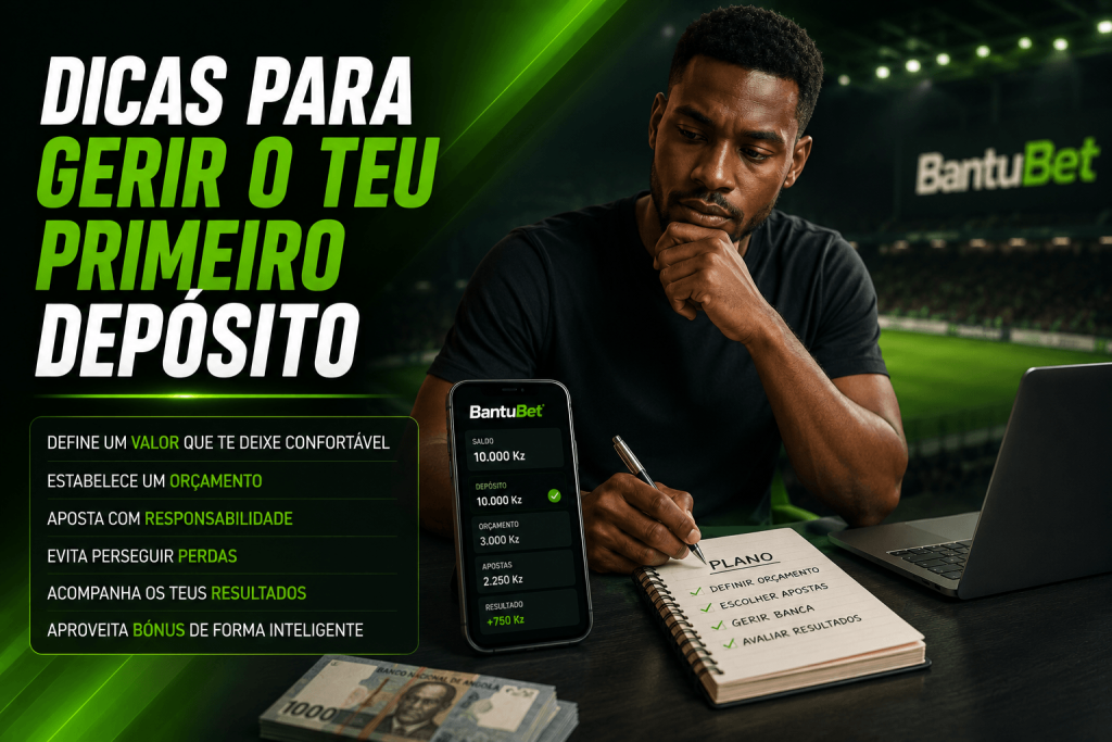 Homem pensativo olhando para o celular com app de apostas, ao lado de caderno com plano financeiro e dinheiro na mesa, em estúdio esportivo (banner).