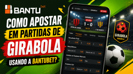 Banner promoting BANTUbet: how to bet on Girabola using Bantubet, with a smartphone showing the betting app and a soccer ball in a green-yellow design.