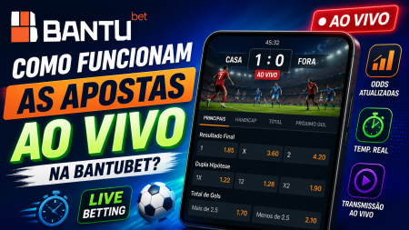 Promo banner for BANTUBet live betting showing a smartphone with live odds and an AO VIVO badge.